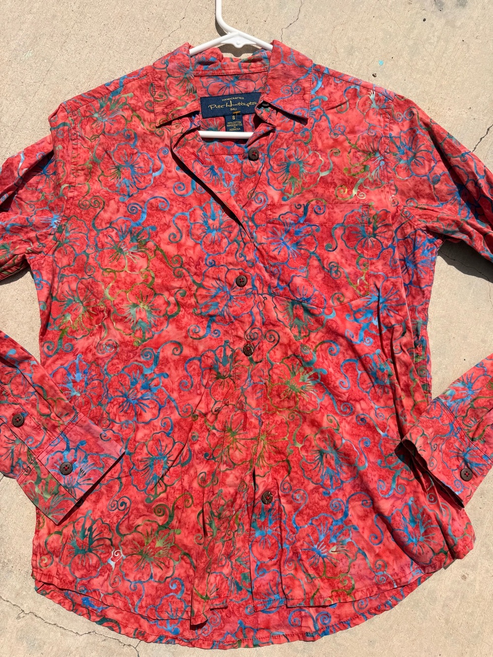 Coral handcrafted 100% cotton Button-Front Shirt, cool batik S